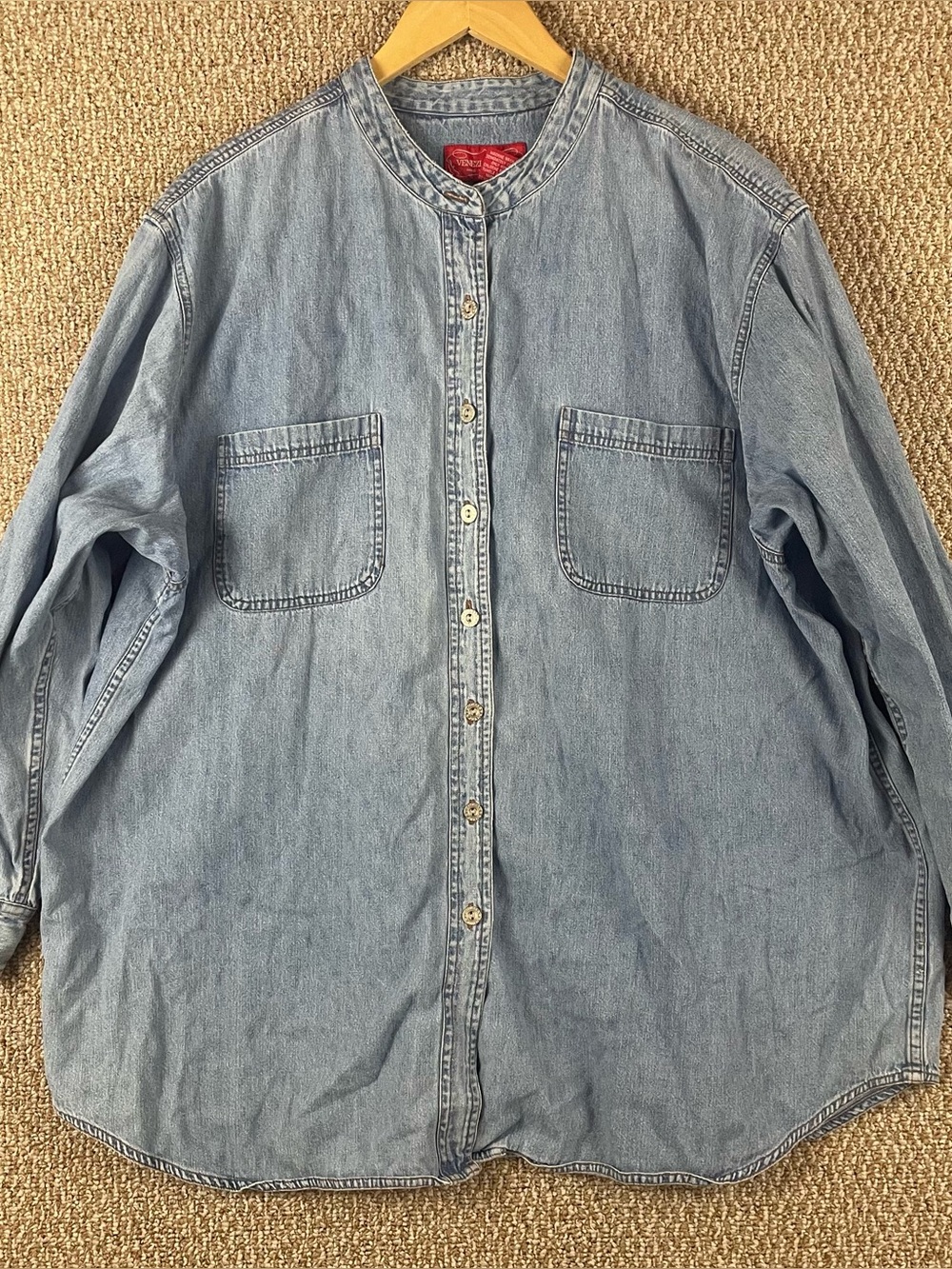 Vtg 90s Venezia Denim Shirt Men’s 18 20 Blue Band Collar Metal Buttons T513